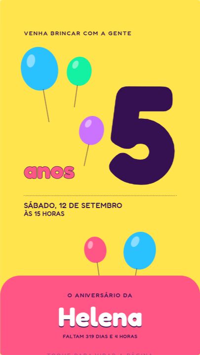 Capa do modelo Infantil: fundo amarelo, balões e um grande número 5.